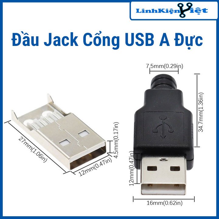 Đầu Jack Cổng USB A Đực 4P + Vỏ