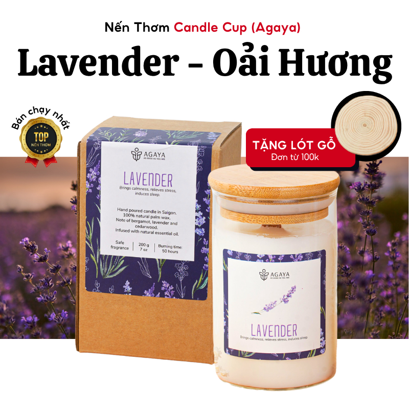 Nến Thơm Lavender AGAYA Nến Thơm Hoa Oải Hương Tinh Dầu Thiên Nhiên Candle Cup Thư Giãn, Ấm Áp, Dễ N
