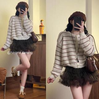(HÀNG QC) Áo cardigan len lông thỏ kẻ sọc ngang phối cúc đồng LEN252