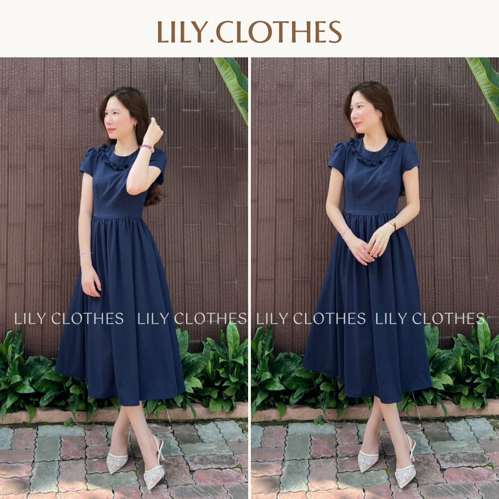 Lily.clothes- Váy đầm nữ dáng dài cổ bèo nhún Aimee Dress vải đũi xước xanh navy hai lớp basic nữ tính (V28) | BigBuy360 - bigbuy360.vn