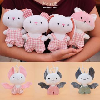 (tặng móc silicon) Thú bông mini vải nỉ nhung thỏ hồng, mèo hồng, chuột hồng, cáo hồng, dơi xám/hồng có kèm trang phục