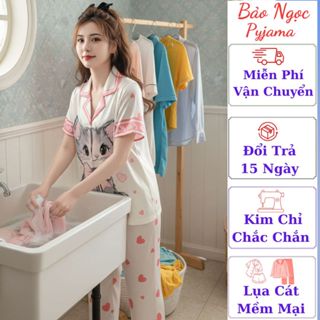 [PIJAMA] Bộ Pijama Nữ CocoMeow Màu Hồng Pastel Họa Tiết Mèo Cưng Chất Lụa Êm Mát Full Size