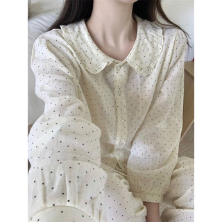   670  Bộ ngủ pijama cổ sen dài tay cho nữ hoạ tiết chấm bi đơn giản nhẹ nhàng chất đũi cotton mặc ở nhà thoải mái 