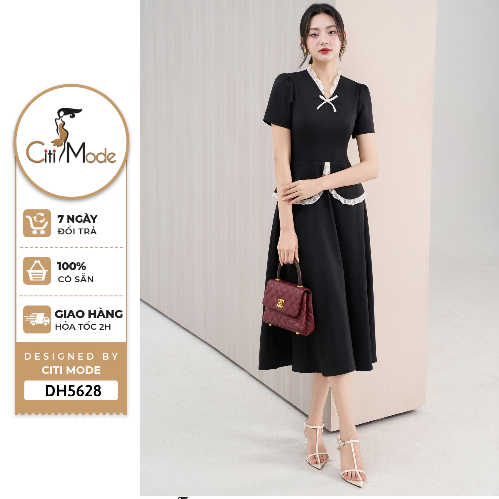 Đầm công sở CITI MODE FASHION thiết kế Đầm xòe peplum đen cổ nơ nhún DH5628