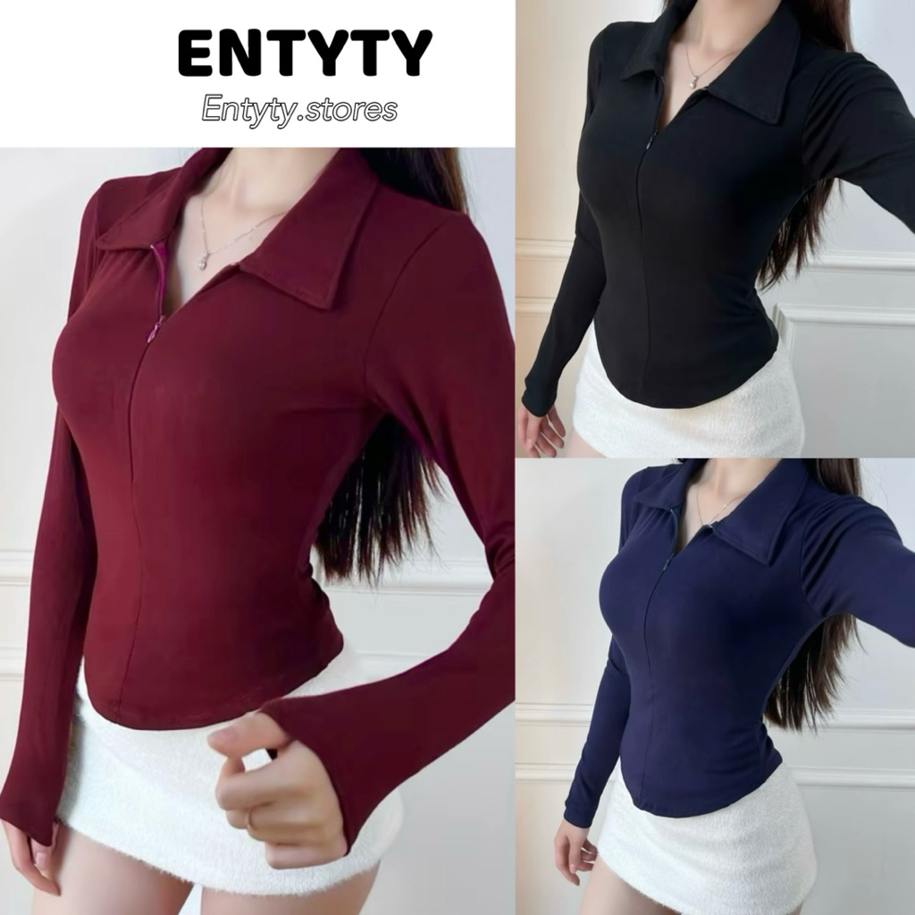 Áo thun polo ngắn tay nữ body kéo khoá , chất tăm gân | BigBuy360 - bigbuy360.vn