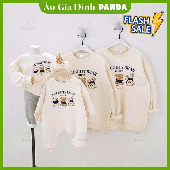 Áo gia đình Panda- Áo Nỉ Sweater In 3 Chú Gấu Naughty Bear Chất Nỉ 2 Da Cao Cấp Mềm Mịn, Thoáng Khí