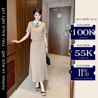 Set Váy Công Sở Olivia.Chic Chất Gold Nhật, Áo Croptop Ngắn Tay Đính Cúc Bọc Phối Chân Váy Dài Dập Li Cổ Rời S863