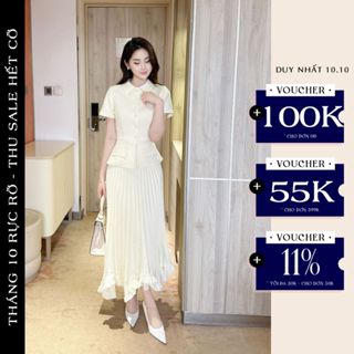 Set Váy Công Sở Olivia.Chic Chất Chéo Hàn Lót Lụa, Áo Cổ Sơ Mi Ngắn Tay Ôm Eo Phối Chân Váy Dập Li Quạy S851