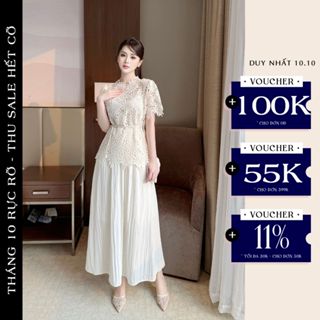 Set Váy Công Sở Olivia.Chic Cao Cấp, Áo Ren Hoa Ngắn Tay Kèm Dây Đai Phối Chân Váy Maxi Tơ Mềm Xòe Nhẹ S871