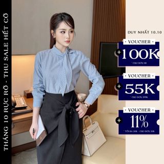 Set Công Sở Cao Cấp OLIVIA.CHIC, Áo Cổ Nơ Chất Thô Mềm Phối Chân Váy Bút Chì Buộc Vạt Chất Chéo Ý S885