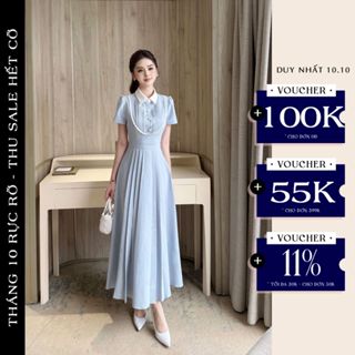 Váy Công Sở Thanh Lịch OLIVIA.CHIC Chất Thô Đũi Lót Lụa, Đầm Cổ Sơ Mi Phối Yếm Ôm Eo, Xếp Ly Maxi Xòe Bồng V1391