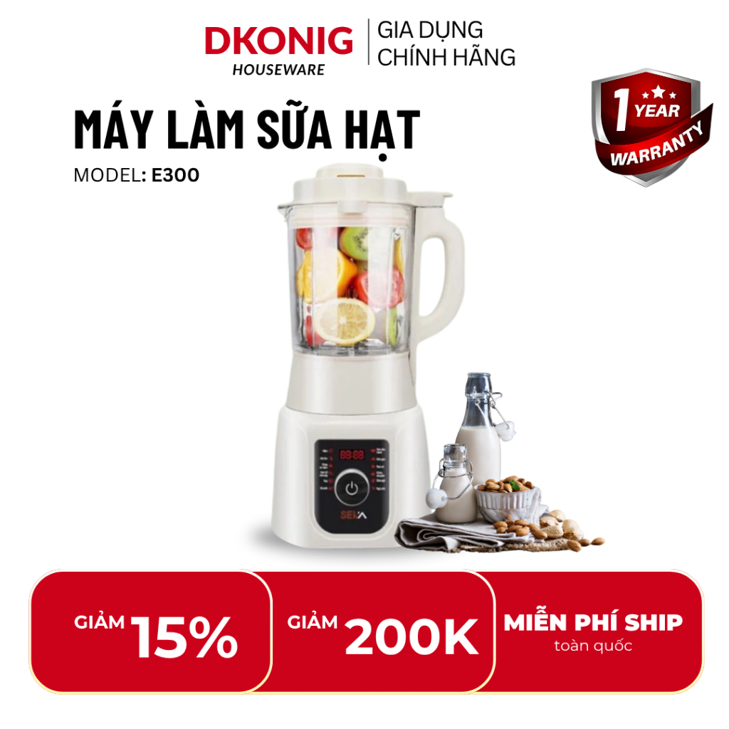 Máy làm sữa hạt SEKA E300 dung tích 1.75L làm sữa hạt sánh mịn, xay nấu đa năng 12 chế độ