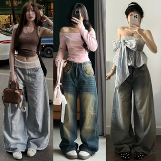 Quần jeans ống rộng nữ màu RETRO WASH cạp cao, quần ống rộng Hàn Quốc chất Jeans denim BIGSIZE