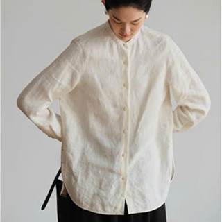  Áo sơ mi nữ cổ tàu trễ vai form rộng – Chất Linen bột Premium mềm mát dáng suông trẻ trung – AoCT01 