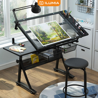  Bàn vẽ kỹ thuật mặt kính cường lực tuỳ chỉnh góc nghiêng kèm đèn kẹp đầy đủ công năng thương hiệu ILUMIA - GN87 