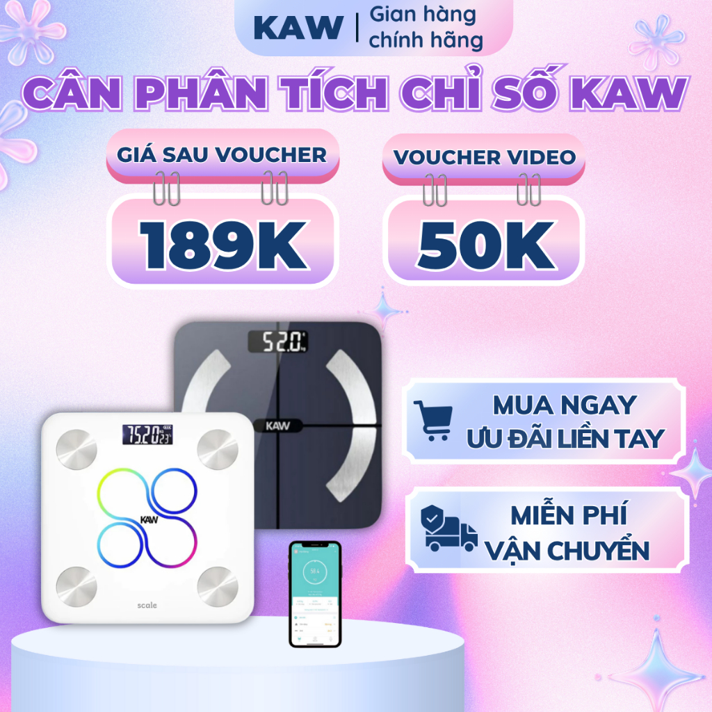 Cân Điện Tử Sức Khỏe Thông Minh KAW Màn Hình LCD Lớn, Kết Nối Bluetooth, Phân Tích Các Chỉ Số Cơ Thể