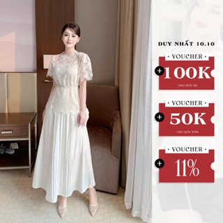Set Váy Công Sở OLIVIA.CHIC, Áo Ren Hoa Cổ Tròn Phối Chân Váy Tơ Nhăn Dáng Dài, Kèm Dây Đai Eo S871