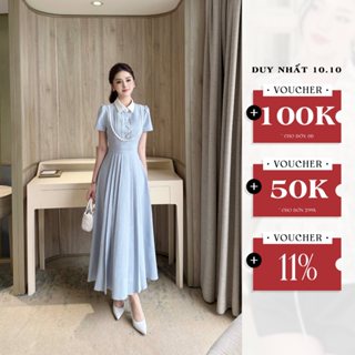 Váy Công Sở Thanh Lịch OLIVIA.CHIC Dáng Maxi Xòe Bồng Chất Thô Đũi Lót Lụa, Cổ Sơ Mi Phối Viền Giả Yếm V1391