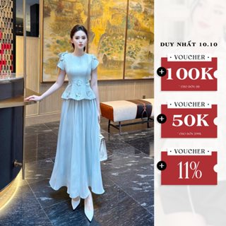 Set Váy Cổng Sở OLIVIA.CHIC, Áo Peplum Chất Tafta Đính Hoa Nổi, Vai Nơ Bản To Phối Chân Váy Dài Chất Tơ Óng S906