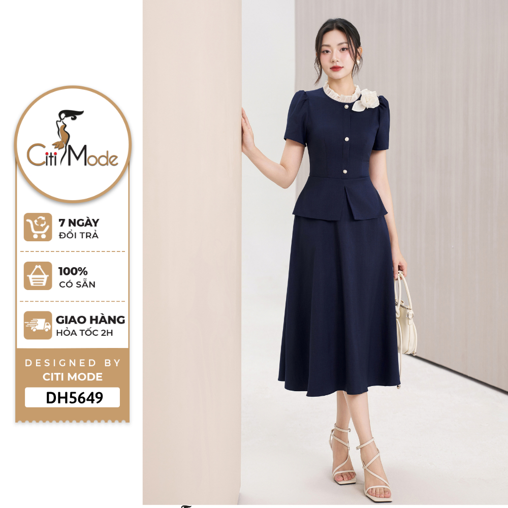 Đầm công sở CITI MODE FASHION thiết kế Đầm xòe tím than cổ nhún hoa vai DH5649