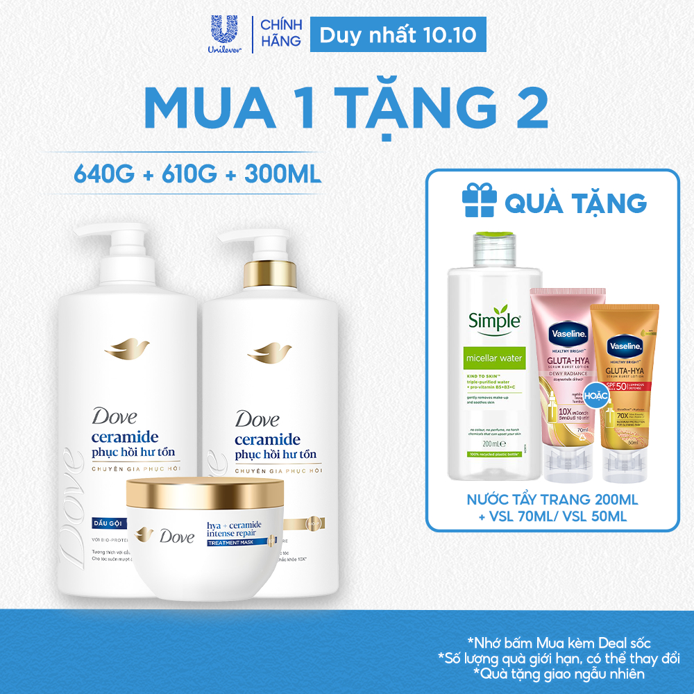 Combo Dầu Gội, Kem Xả, Kem Ủ Dove Ceramide Phục hồi hư tổn/Biotin Ngăn gãy rụng tóc 640g, 610g, 300ml