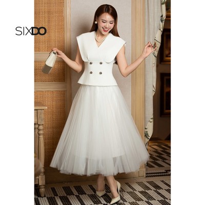 Chân váy lưới xếp ly trắng SIXDO (White Mesh Flared Skirt)