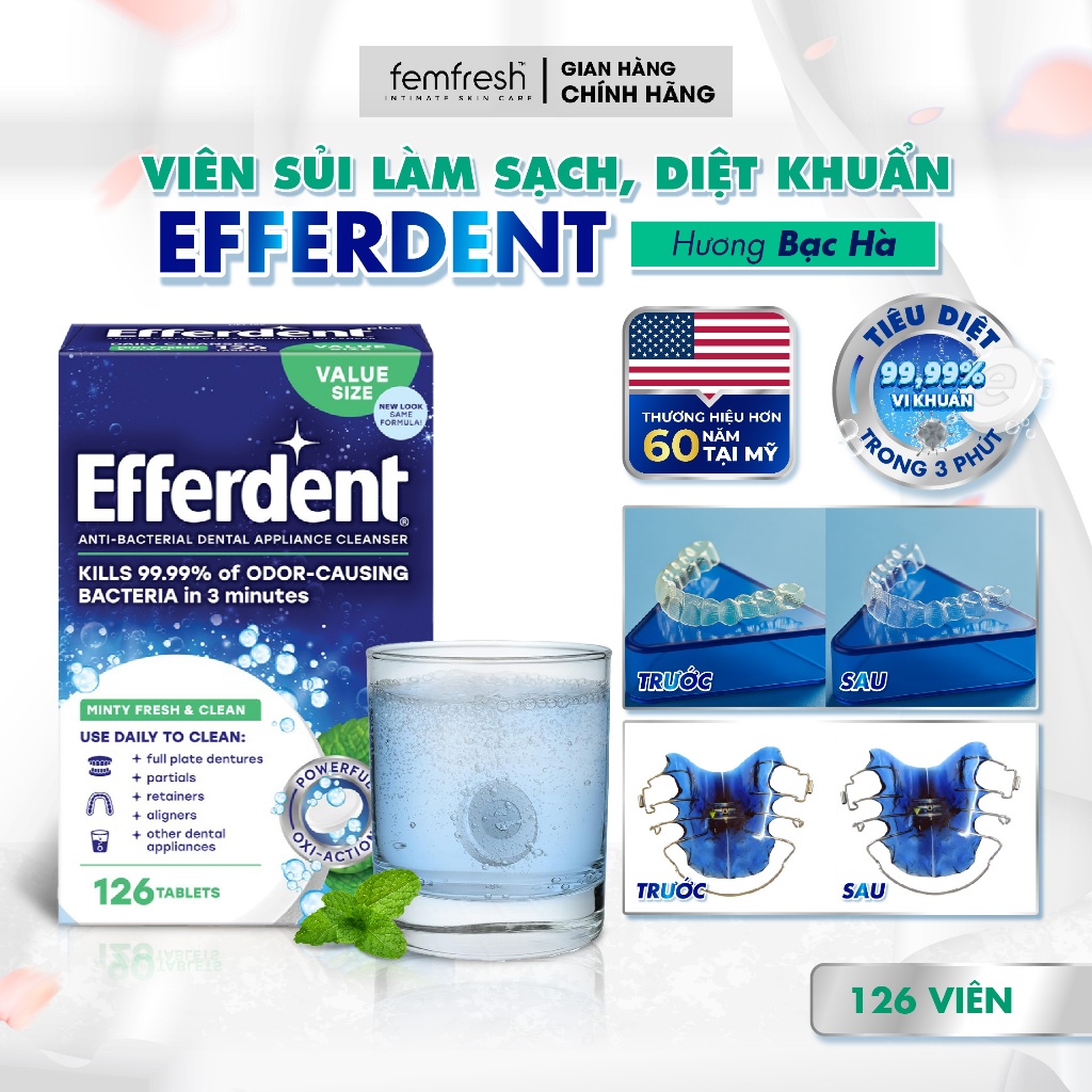 Hộp viên sủi làm sạch khay niềng răng, hàm duy trì Efferdent Minty Fresh and Clean Denture Cleanser