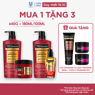 Combo 2 Bước TRESemmé Keratin Smooth Cho Tóc Khô Xơ Rối Vào Nếp Suôn Mượt Dầu Gội 640g + Kem Ủ 180ml hoặc Serum 100ml