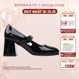 Erosska - Giày cao gót nữ mũi tròn đính hạt ngọc kiểu dáng sang trọng màu đen cao 7cm - EP017