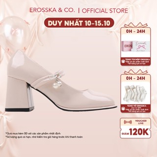 Erosska - Giày cao gót nữ mũi tròn đính hạt ngọc kiểu dáng sang trọng màu kem cao 7cm - EP017