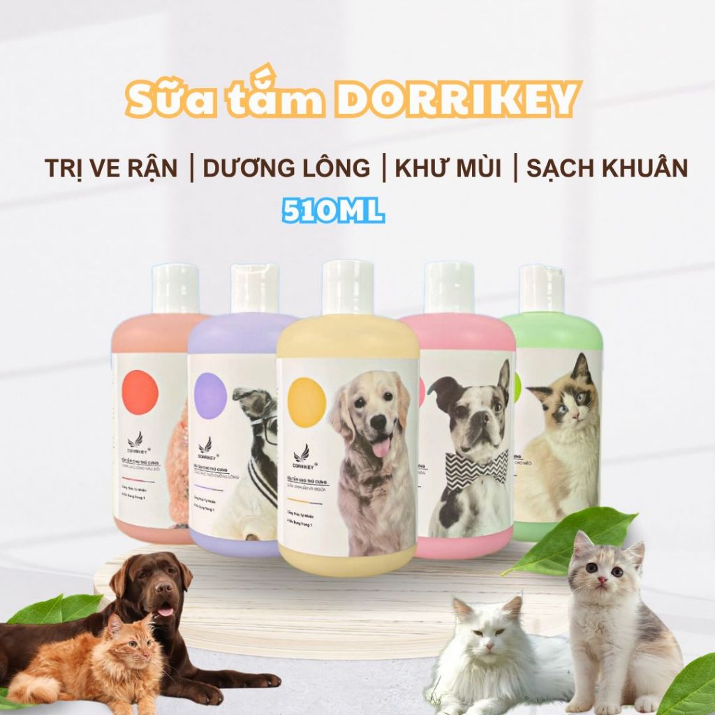 Sữa tắm cho chó mèo Dorrikey 510ml trị ve rận nấm ngứa, dưỡng mượt lông, lưu hương lâu cho thú cưng
