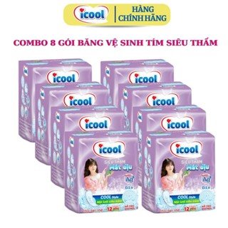 (Hàng chính hãng)Combo 8 Gói Băng Vệ Sinh ICOOL Siêu Thấm Tím Mới 12 Miếng, Mặt Lưới, Bạc Hà Mát Dịu