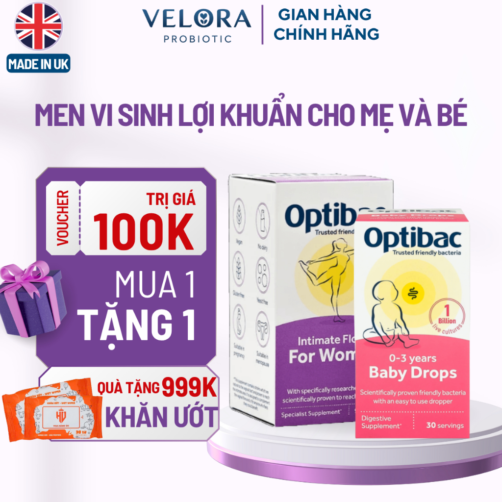 Combo men vi sinh lợi khuẩn đường ruột Optibac For Women và Baby Drops cho mẹ và bé sau sinh khỏe mạ