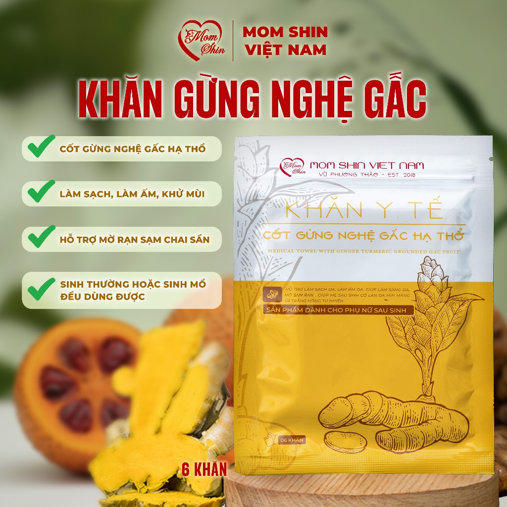 Khăn y tế gừng nghệ gấc hạ thổ MOM SHIN, giữ ấm, làm sạch, dưỡng ẩm da, rất dễ dùng, túi 6 khăn