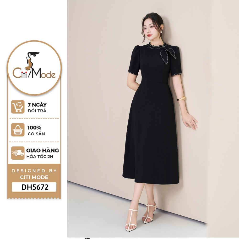 Đầm công sở CITI MODE FASHION thiết kế Đầm xòe đen tay cộc nơ cổ DH5672