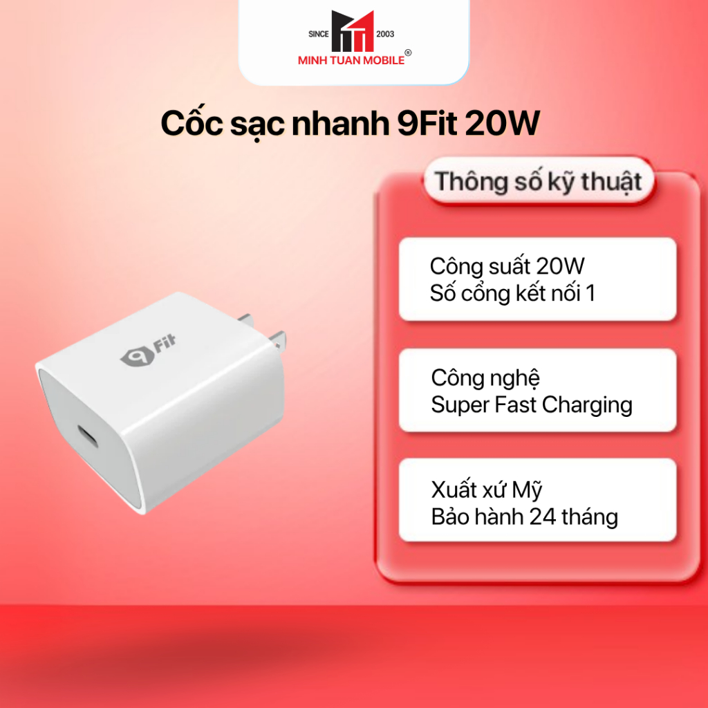 Cốc sạc nhanh 9Fit 20W Type-C, Sản phẩm chính hãng