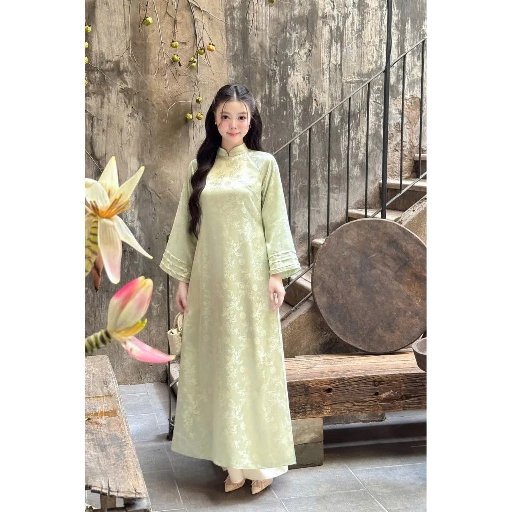 Áo dài cách tân dáng xuông chất gấm màu Xanh, Áo dài cách tân cổ 2 phân hàng thiết kế- Jn Design J14