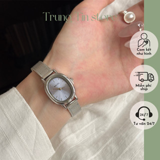 Đồng hồ nữ mặt Oval nhỏ xinh hai mầu bạc xanh match cá tính thời trang sang trọng thanh lịch phong cách tối giản