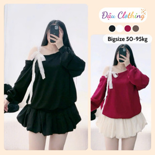  Áo Thun Bigsize Nữ  K Kèm Váy  Dáng Sweater Tay Dài Trễ Vai Phối Ren Nơ Một Bên Vải Thun Ruby G176 
