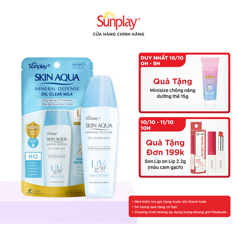 Kem chống nắng vật lý kiềm dầu dạng sữa dùng mỗi ngày Sunplay Skin Aqua Mineral Defense Oil Clear Milk SPF50+ PA++++ 25g