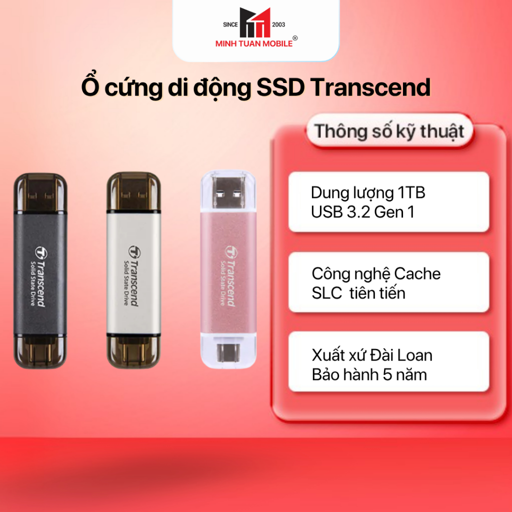 Ổ Cứng Di Động SSD Transcend 1TB ESD310C - Dual USB 10Gbps, Type-C Và USB A, Tốc Độ Đọc 1050Mbs