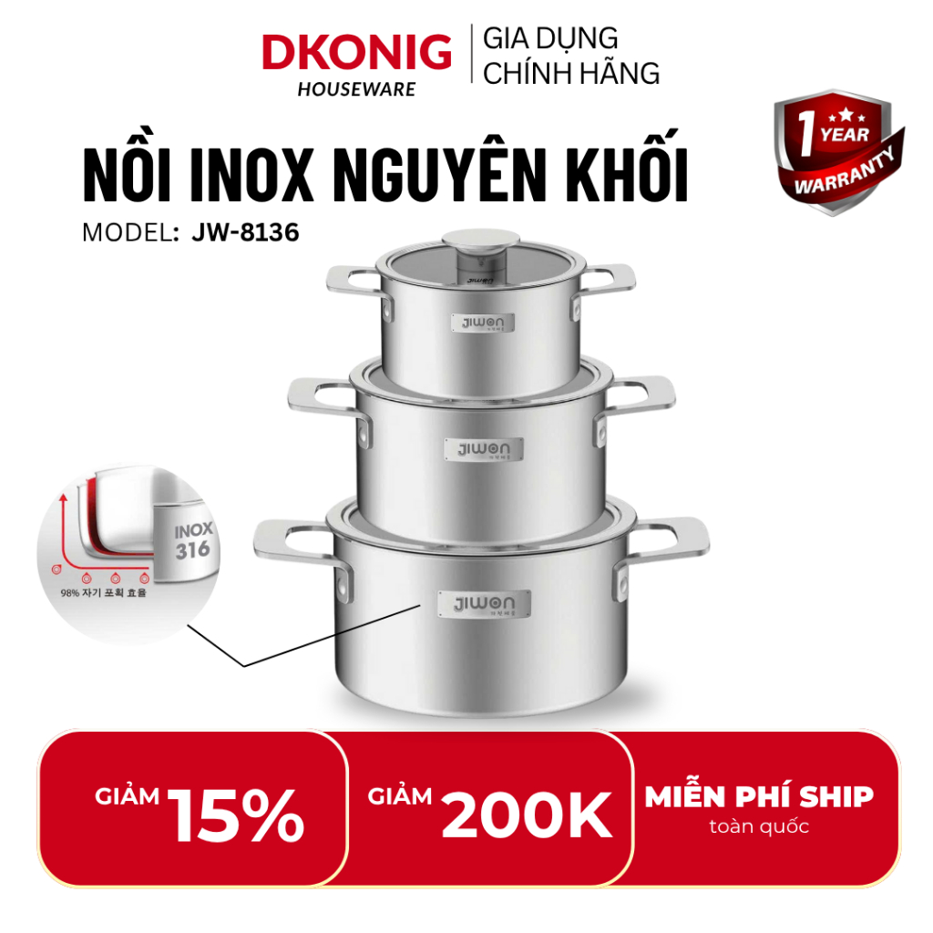 Nồi inox LUMI JIWON JW-8136 inox 316 an toàn bắt nhiệt tốt truyền nhiệt đều dùng mọi loại bếp