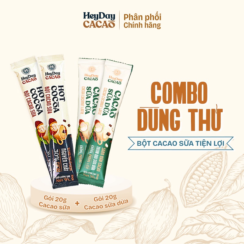 Combo 4 Gói Dùng Thử Dòng Bột Cacao Tiện Lợi  Heyday Cacao - 2 gói 20g Bột Cacao Sữa và 2 gói 20g Bộ