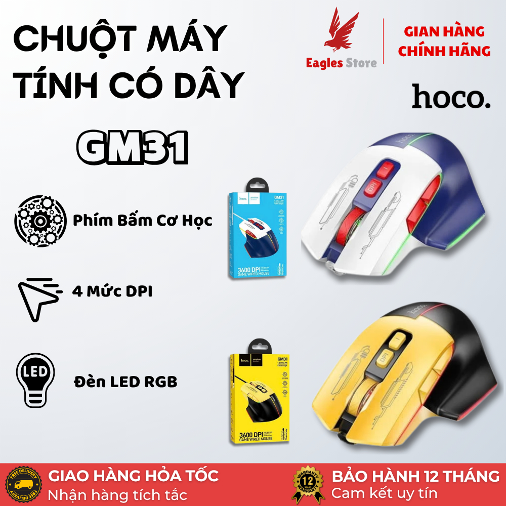 Chuột Máy Tính Gaming chơi game HOCO GM31 - Có Dây 3600 DPI Led RGB -  Chân Cắm USB