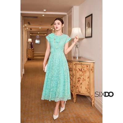 Đầm xanh ren tay hến dáng xòe hoa 3D SIXDO (Turquoise 3D Flower Lace Flared Dress)