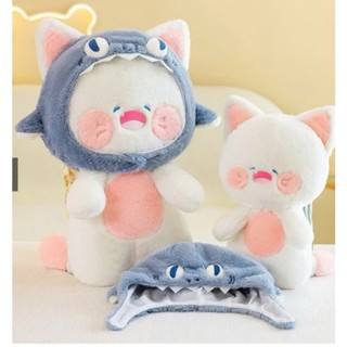 Thú Nhồi Bông Mèo DuDu Tặng Kèm Nón Cá Mập Siêu Dễ Thương, Gấu Bông Hình Mèo Mềm Mại Quà Tặng Cho Bé