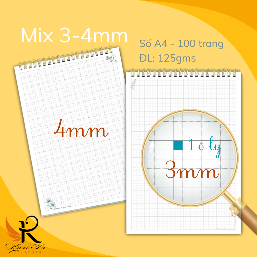 Sổ hoa  A4 va A5 luyện chữ đẹp - MIX Ô LY 100 trang (2 loại ô ly)