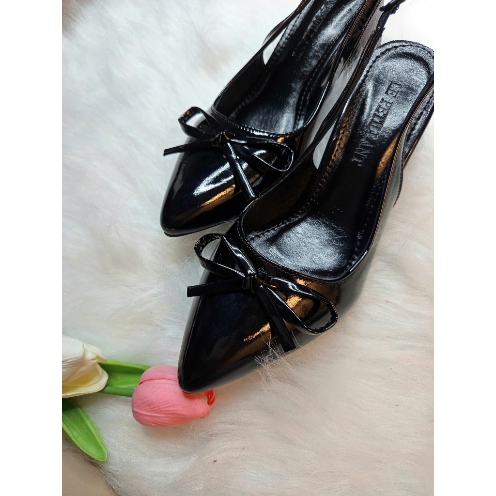 Giày Cao Gót Mũi Nhọn Nơ Da Bóng Mềm Hở Gót | BigBuy360 - bigbuy360.vn