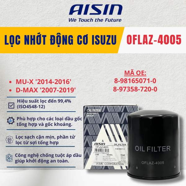 LỌC NHỚT ĐỘNG CƠ CHO ISUZU MU-X 2014-2016 D-MAX 2007-2019 [OFLAZ 4005]