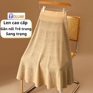  Chân Váy Len Dài Cạp Cao Tôn Dáng Váy Chữ A Dáng Xòe Gân Nổi 3D Sang Trọng Trẻ Trung YOLUMI 